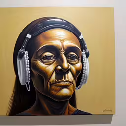 a painting of a woman with headphones