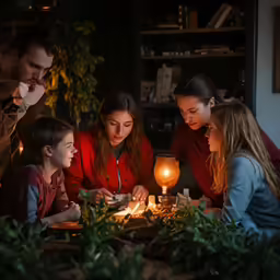 family looking at lighted candle with candles