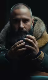 a man wearing a fur collar looks on