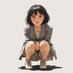 little girl sitting on the ground in front of white background