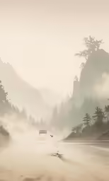 a small boat traveling on the road surrounded by mountains
