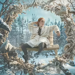 there is a woman sitting on a bench in the middle of the snow
