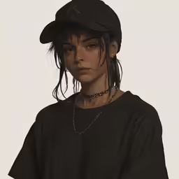 a woman wearing a black baseball cap and necklace