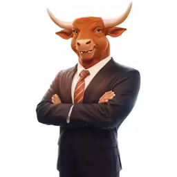 a bull in a suit and tie, with his arms crossed