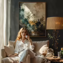 the woman is sitting on a couch by the window