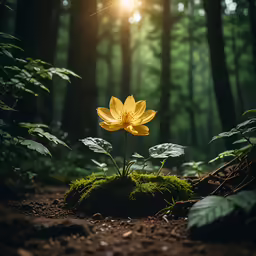 a yellow flower with the sun shining through the trees