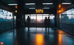silhouettes of people standing outside of a terminal