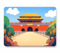 an animation of a building and a paved path