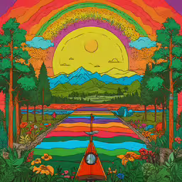 a painting with a rainbow painted on it,a psychedelic landscape with a yellow sun, trees and mountains