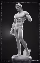 an athletic statue in a white frame