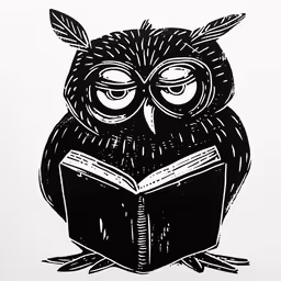 an image of an owl with eyes open reading a book,an owl is reading a book, the image has a pen drawing of its eyes closed