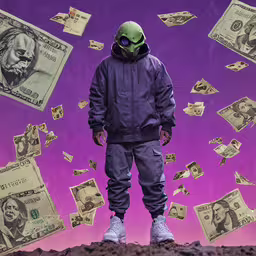 a man wearing an alien suit with money flying around,a man wearing an alien suit standing in front of stacks of dollar bills
