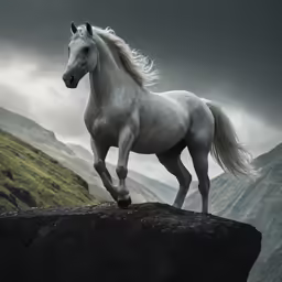 an white horse on a rock on a cloudy day