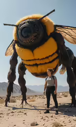 a woman standing next to a giant bum in the desert