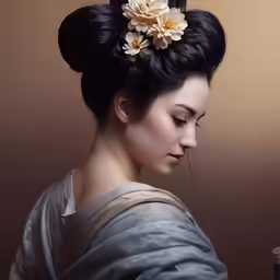 a woman wearing an oriental geisha style dress