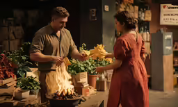 the woman holds a piece of paper with fire in it while standing next to a man