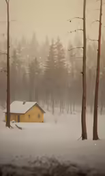 a yellow house surrounded by snow and trees