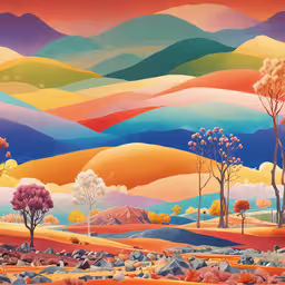 a painting shows a colorful mountains and hills, trees, rocks, and trees in the foreground,the colors in the painting include hills, trees and bushes