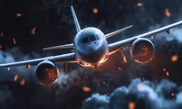 a airplane flying through the night sky with orange and yellow flames coming out of it