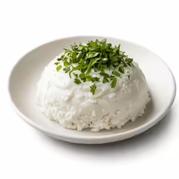 a white plate topped with mashed potatoes covered in white sauce
