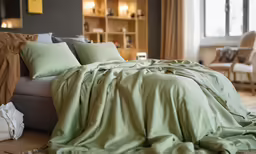 a bed that has some blankets on top of it
