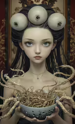 a girl with long hair holding a bowl of noodles