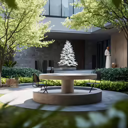 the back side of a building with a courtyard and tree inside of it