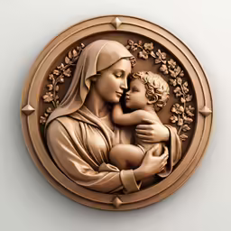 an artistic plaque with a woman holding a child