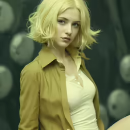 a young blond woman with blue eyes posing