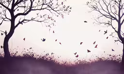 trees in the field with birds in the sky,several birds fly in the air over a grassy area