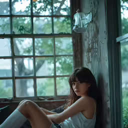 a woman sitting down next to a window near a lamp