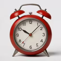 a red alarm clock with an extended hand