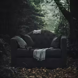 an antique chair in the woods with blankets on it