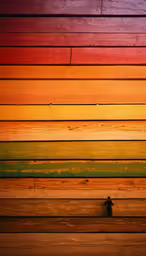 the wood of an outdoor wall is painted yellow,a bench in front of a rainbow painted wall