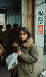 a woman is holding something while standing on the street