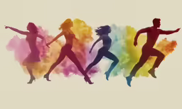 silhouettes of two people dancing on the rainbow colored smoke