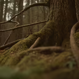 an upturned tree trunk is surrounded by moss