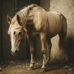 the white horse has been standing in an abandoned building