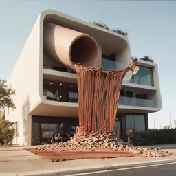 a sculpture in front of a building on the street