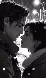 two people, one kissing the other with snow falling on them