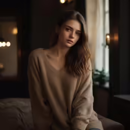 a woman sitting on a bed in a room with dark lights