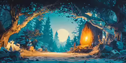 a little cabin is lit up in the night