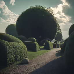 there is a stone path in between two bushes