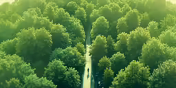 an aerial shot of a road surrounded by green trees