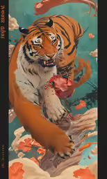 there is a painting of a tiger leaping