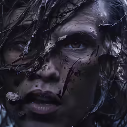 woman with blue eyes covered in mud and branches