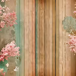 the flowers are pink and green against the wood,pink flowers are on the wooden surface and on display