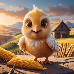 an owl sitting next to a ear of corn