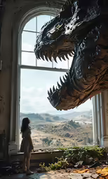 a little girl looking at a fake t - rexe outside a window