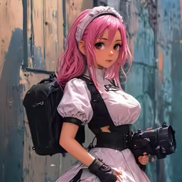 a pretty woman with pink hair wearing a dress